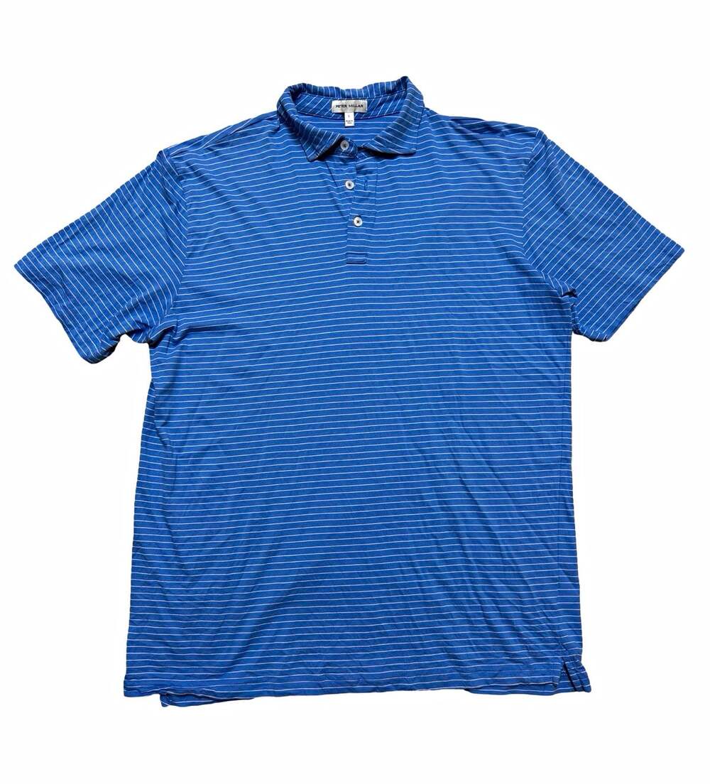 Peter Millar Polo Shirt Men’s L Blue White Striped 100% Pima Cotton Short Sleeve